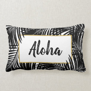 Modern Black and White Tropical Aloha Lumbar Pillow