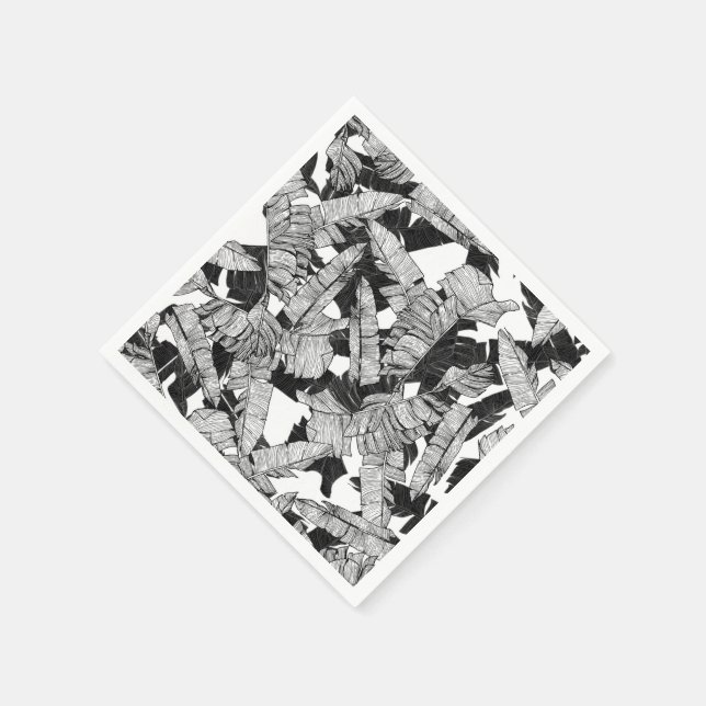 Modern Black and White Tropical Banana Leaves Paper Napkins (Corner)