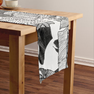 Modern Black and White Tropical Banana Leaves Short Table Runner