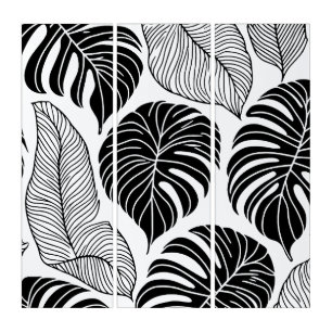 Modern black and white tropical leaves triptych