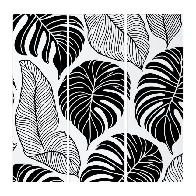 Modern black and white tropical leaves triptych (Front)
