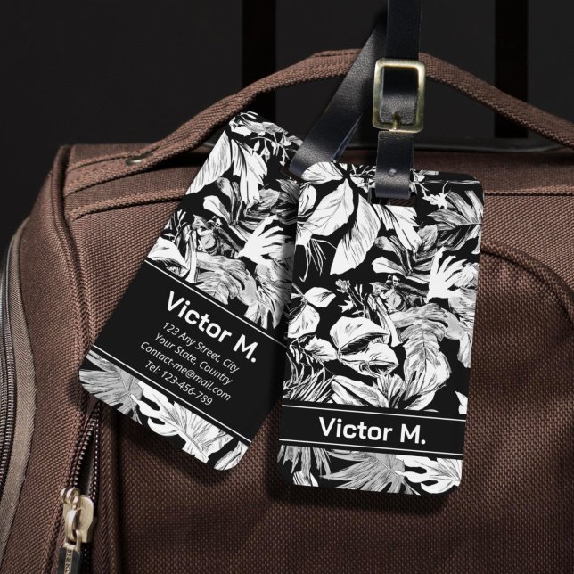 Modern Black and White Tropical Masculin Luggage Tag (The unique custom Black and white tropical leaf pattern design, elegant unisex design.)