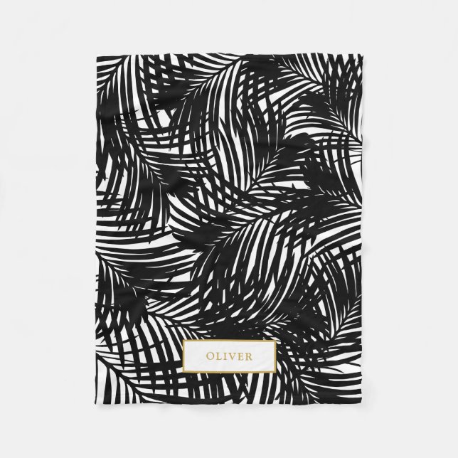 Modern Black and White Tropical Palm Leaf Pet Fleece Blanket (Front)