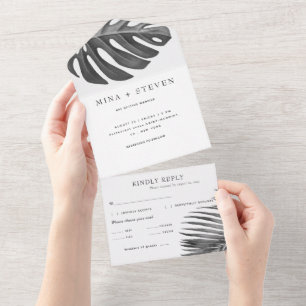 modern black and white tropical wedding  all in one invitation