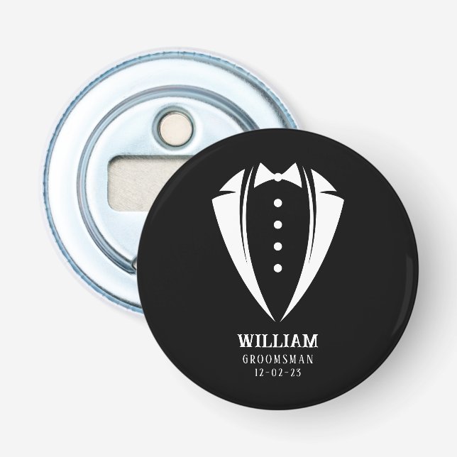 Modern Black and White Tuxedo Groomsman Gift Bottle Opener (Front)