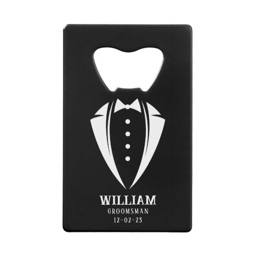 Modern Black and White Tuxedo Groomsman Gift Credit Card Bottle Opener