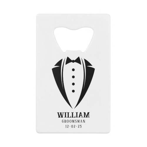 Modern Black and White Tuxedo Groomsman Gift Credit Card Bottle Opener