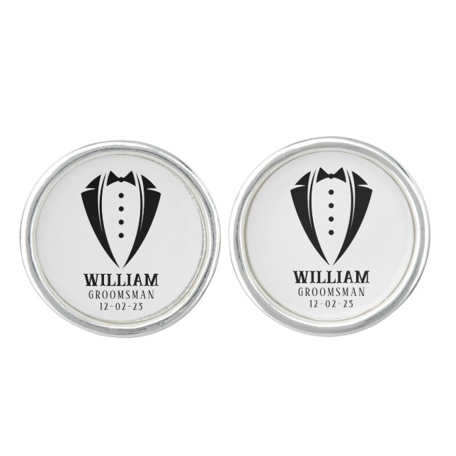 Modern Black and White Tuxedo Groomsman Gift Cufflinks (Front)