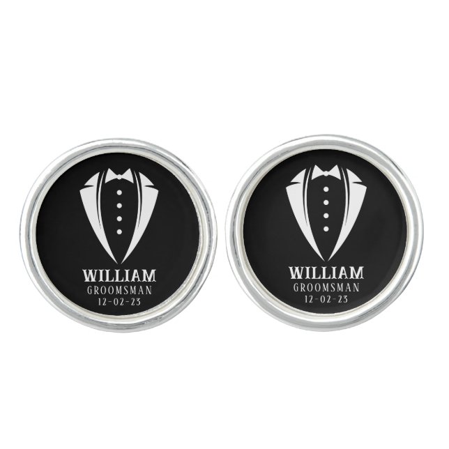 Modern Black and White Tuxedo Groomsman Gift Cufflinks (Front)