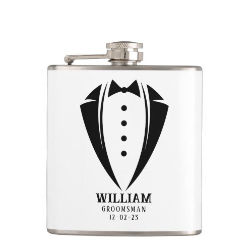 Modern Black and White Tuxedo Groomsman Gift Flask