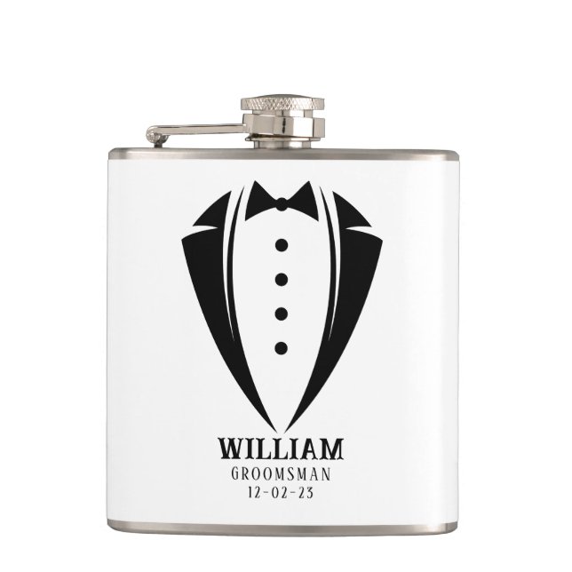 Modern Black and White Tuxedo Groomsman Gift Flask (Front)