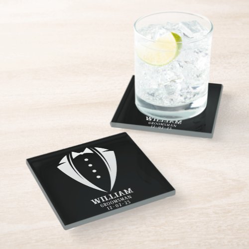 Modern Black and White Tuxedo Groomsman Gift Glass Coaster