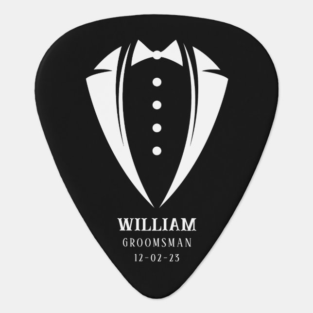 Modern Black and White Tuxedo Groomsman Gift Guitar Pick (Front)