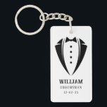 Modern Black and White Tuxedo Groomsman Gift Keychain<br><div class="desc">Introducing our custom groomsmen gift that is sure to impress - a keychain featuring a sleek black tuxedo silhouette on a crisp white background, personalized with the groomsman's name and the date of your special day. Our unique groomsmen gift is the perfect way to say thank you to your closest...</div>