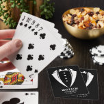 Modern Black and White Tuxedo Groomsman Gift Playing Cards<br><div class="desc">Introducing our custom Playing Card deck - the perfect groomsmen gift for the poker lovers in your wedding party! This high-quality deck of cards features a sleek black tuxedo silhouette on a crisp white background, with the groomsman's name and wedding date personalized to create a one-of-a-kind gift. Our Playing Card...</div>
