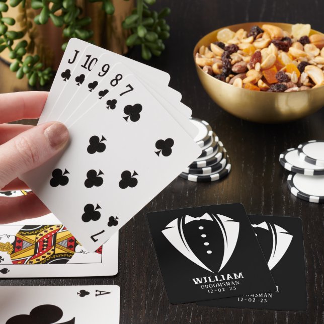 Modern Black and White Tuxedo Groomsman Gift Poker Cards (In Situ)