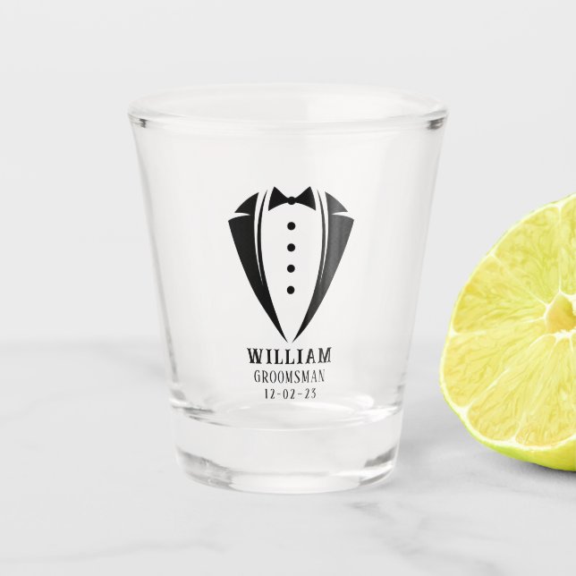 Modern Black and White Tuxedo Groomsman Gift Shot Glass (Front)
