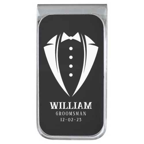 Modern Black and White Tuxedo Groomsman Gift Silver Finish Money Clip