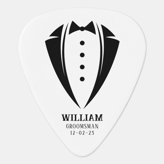 Modern Black and White Tuxedo Groomsmen Gift Guitar Pick (Front)