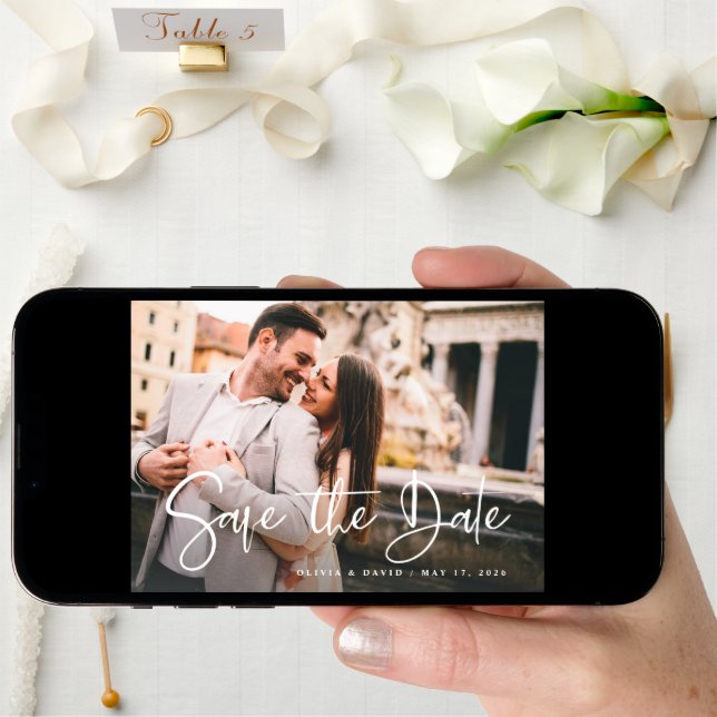 Modern Black and White | Two Photo and QR Code Save The Date (Front Digital)