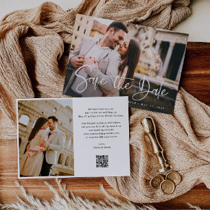 Modern Black and White Two Photo and QR Code Save The Date