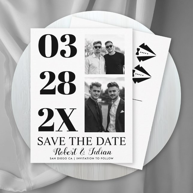Modern black and white two photo gay Save the Date Postcard (Creator Uploaded)