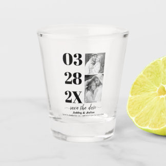 Modern black and white two photo Save the Date Shot Glass