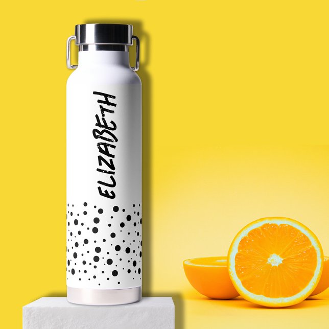 Modern Black and White Water Bottle (Modern black dots on white water bottle personalized with your name)