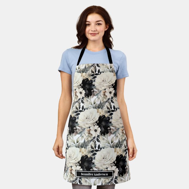 Modern Black and White Watercolor Floral Apron (Worn)
