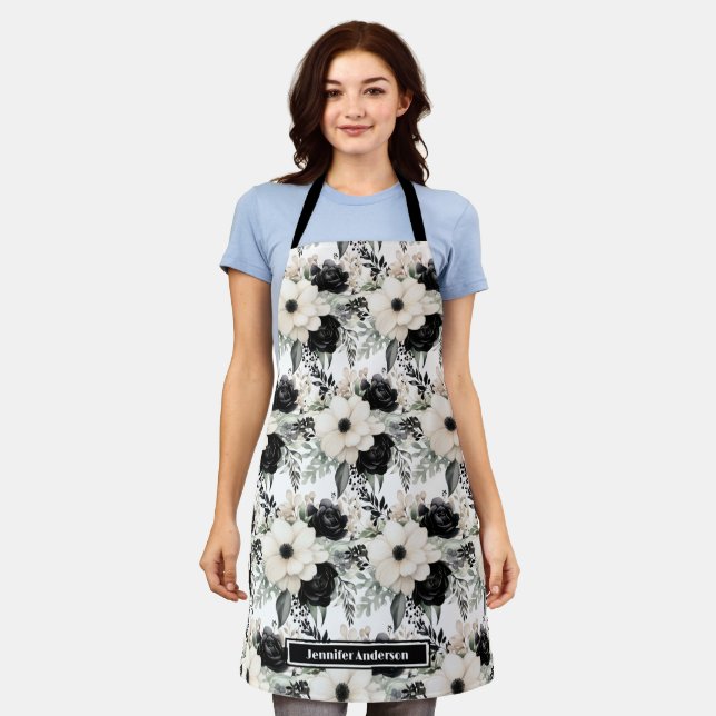 Modern Black and White Watercolor Floral Apron (Worn)