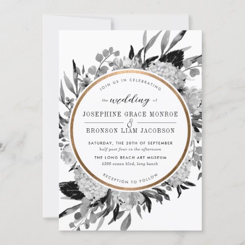 Modern Black and White Watercolor Floral Frame Invitation