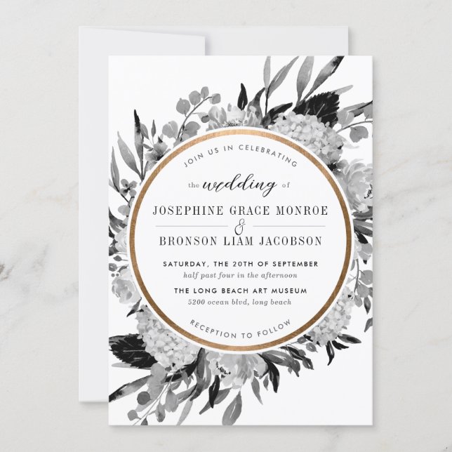 Modern Black and White Watercolor Floral Frame Invitation (Front)