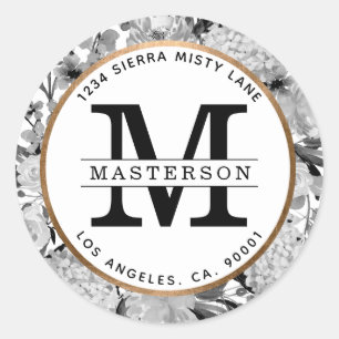 Modern Black and White Watercolor Floral Monogram Classic Round Sticker