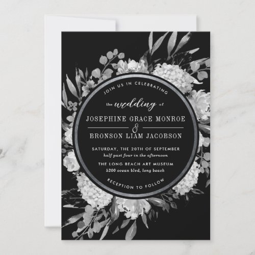 Modern Black and White Watercolor Floral Silver Invitation