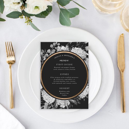 Modern Black and White Watercolor Floral Wedding Menu