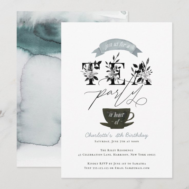 Modern Black and White Watercolor Tea Party Invitation | Zazzle