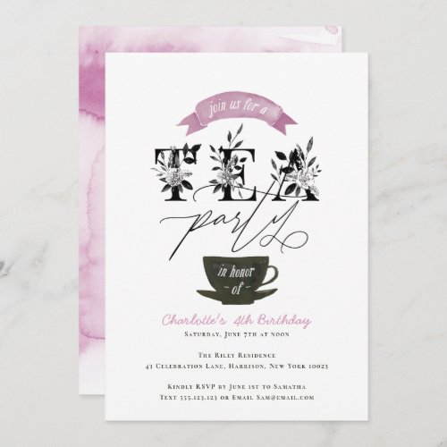 Modern Black and White Watercolor Tea Party Pink Invitation