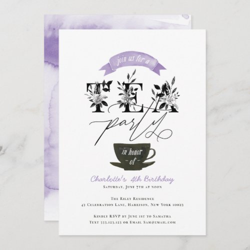 Modern Black and White Watercolor Tea Party Purple Invitation