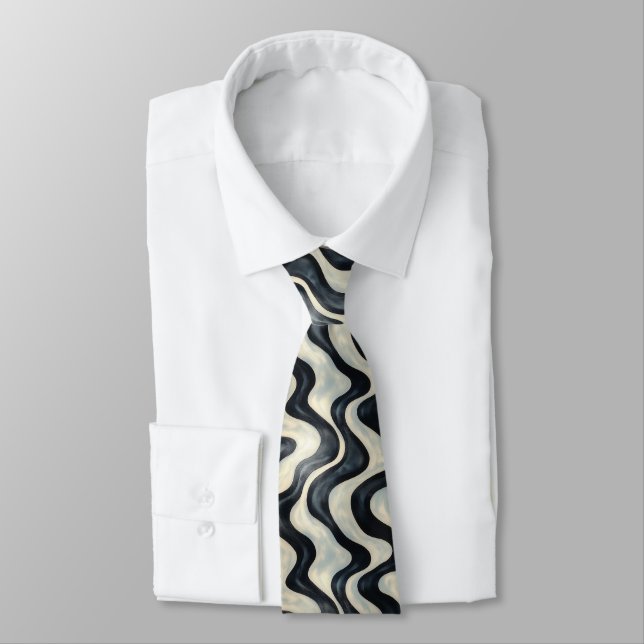 Modern Black and White Wave Pattern Neck Tie (Tied)