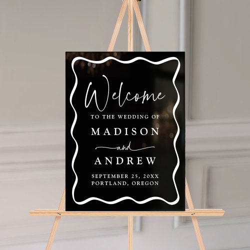Modern Black and White Wavy Frame Wedding Welcome Acrylic Sign