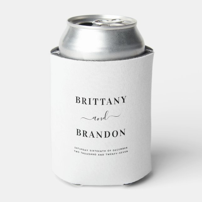 Modern Black and White Wedding Can Cooler (Can Front)