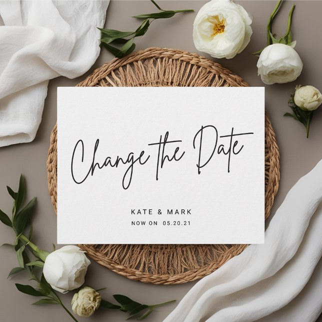Modern Black and White Wedding Change the Date Postcard (Creator Uploaded)