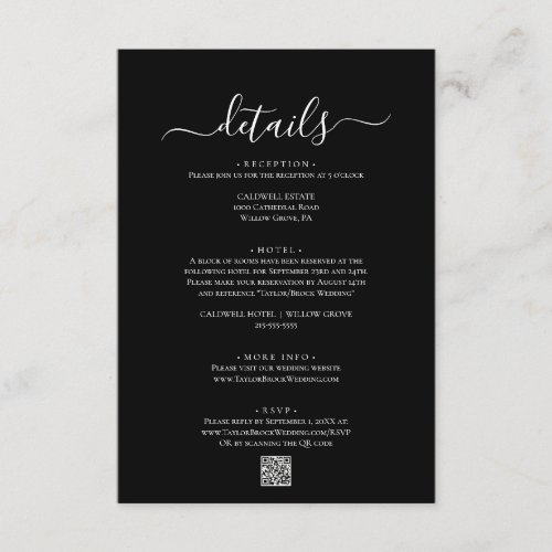 Modern Black and white Wedding Details card