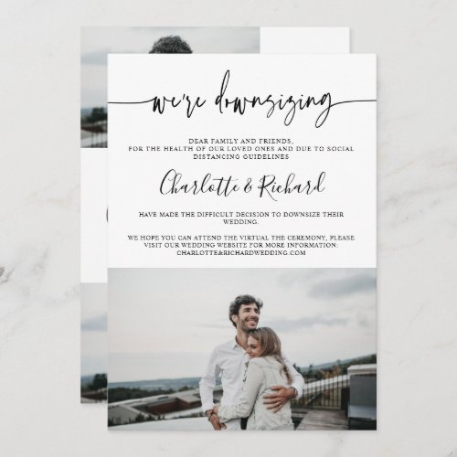 Modern black and white wedding downsizing 4 photos announcement