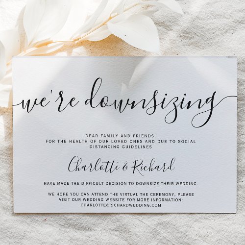 Modern black and white wedding downsizing photo announcement