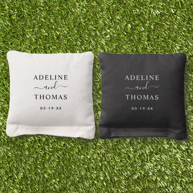 Modern Black and White Wedding Monogram Cornhole Bags (Grass)