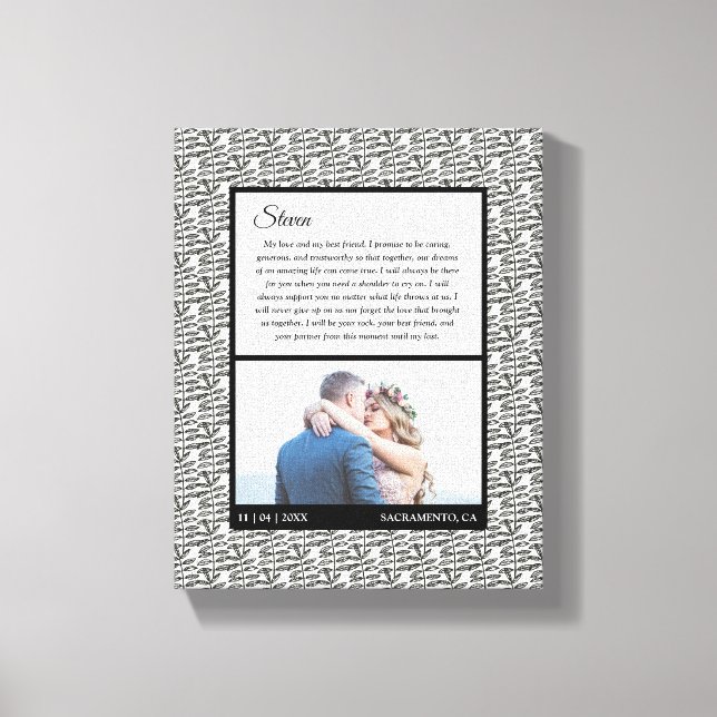 Modern Black and White Wedding Photo Marriage Vow Canvas Print (Front)