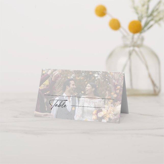 Modern Black And White Wedding Photo Place Card (Front)