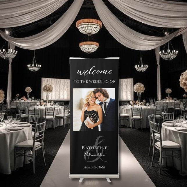 Modern Black and White-Wedding-Photo- Retractable Banner (Minimalist Modern Black and White Wedding Banner)