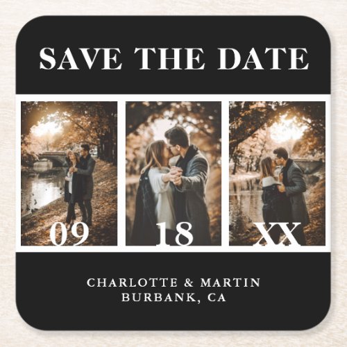 Modern Black and White Wedding Photo Save The Date Square Paper Coaster